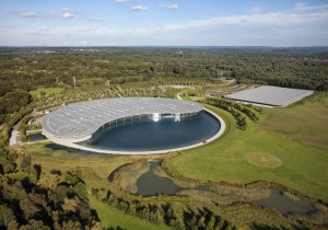 Aerial view of the McLaren Technology Centre (left) and McLaren Production Centre (right)