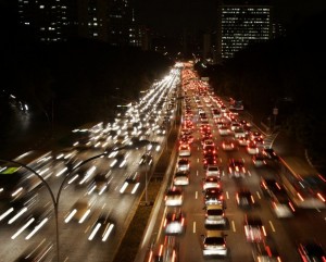 Car light trails are pictured as traffic jam along a main road in Sao Paulo