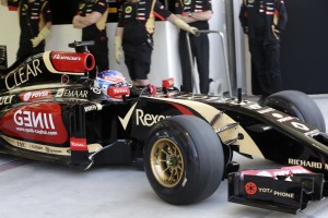Romain Grosjean (Lotus) is coming out of the garage on Pirelli Winter hard tyres