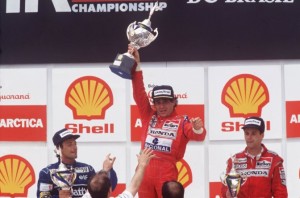 1991: AYRTON SENNA OF BRAZIL CELEBRATES AFTER WINNING THE 1991 BRAZILIAN GRAND PRIX. SENNA WENT ON TO WIN THE 1991 WORLD CHAMPIONSHIP. Mandatory Credit: Pascal Rondeau/ALLSPORT