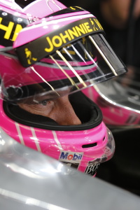 Jenson Button sits in his car.