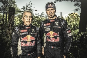 Cyril Despres and Gilles Picard pose for a portrait at the finish line on stage 12 of Rally Dakar 2015 from Termas Rio Hondo to Rosario Argentina on January 16th, 2015