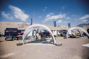 Team Peugeot Total service area on Iquique bivouac, Chile, on Rest Day of Rally Dakar 2015, January 10th, while the car competitors are racing in the marathon stage from Iquique to Uyuni, Bolivia.