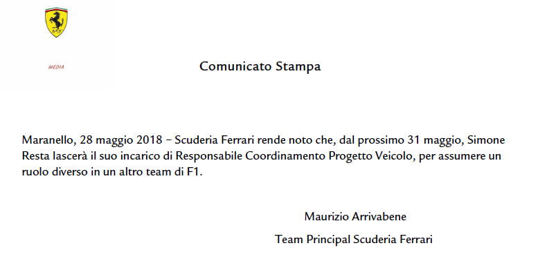 resta ferrari comunicato