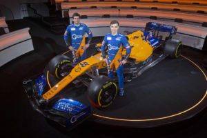 Lando Norris, Carlos Sainz with MCL34 2019 Launch event