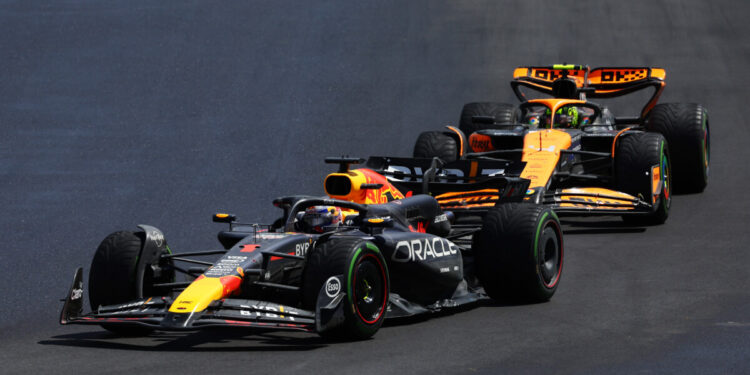 MONTREAL, QUEBEC - JUNE 09: Max Verstappen of the Netherlands driving the (1) Oracle Red Bull Racing RB20 leads Lando Norris of Great Britain driving the (4) McLaren MCL38 Mercedes during the F1 Grand Prix of Canada at Circuit Gilles Villeneuve on June 09, 2024 in Montreal, Quebec. (Photo by Clive Rose/Getty Images) // Getty Images / Red Bull Content Pool // SI202406090572 // Usage for editorial use only //