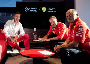 In advance of next week's Las Vegas Grand Prix, Chivas Brothers Chairman & CEO, Jean-Etienne Gourgues, Scuderia Ferrari HP's Chief Racing Revenue Officer, Lorenzo Giorgetti, and Team Principal, Frederic Vasseur, mark the beginning of Chivas Regal’s new global partnership with the iconic racing team, as it accelerates into a new era in sports culture.