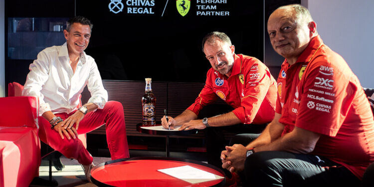 In advance of next week's Las Vegas Grand Prix, Chivas Brothers Chairman & CEO, Jean-Etienne Gourgues, Scuderia Ferrari HP's Chief Racing Revenue Officer, Lorenzo Giorgetti, and Team Principal, Frederic Vasseur, mark the beginning of Chivas Regal’s new global partnership with the iconic racing team, as it accelerates into a new era in sports culture.