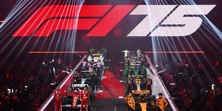 LONDON, ENGLAND - FEBRUARY 18: The 2025 drivers and their cars on stage during F1 75 Live at The O2 Arena on February 18, 2025 in London, England. (Photo by Clive Mason - Formula 1/Formula 1 via Getty Images)